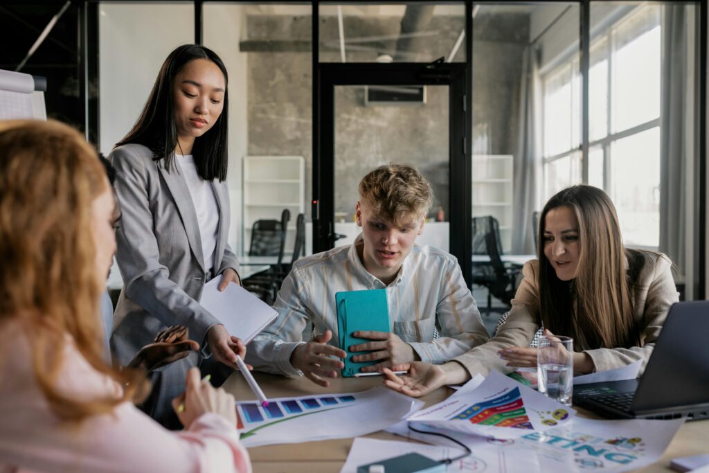 four people during a meeting